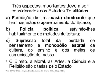 Três aspectos importantes devem ser
considerados nos Estados Totalitários
a) Formação de uma casta dominante que
tem nas mãos o aparelhamento do Estado;
b) Polícia política, servindo-lhes
habitualmente de métodos de tortura;
c) Supressão total da liberdade de
pensamento e monopólio estatal da
cultura, do ensino e dos meios de
comunicação de massa.

O Direito, a Moral, as Artes, a Ciência e a
Religião são ditadas pelo Estado.
Fonte: CARVALHO, Kildare Gonçalves. Direito Constitucional. Belo Horizonte: Del Rey, 2008, p. 216-217.
 