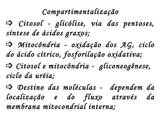 Compartimentalização    Citosol - glicólise, via das pentoses, síntese de ácidos graxos;     Mitocôndria - oxidação dos AG, ciclo do ácido cítrico, fosforilação oxidativa;    Citosol e mitocôndria -  gliconeogênese, ciclo da uréia;     Destino das moléculas -  dependem da localização e do fluxo através da membrana mitocondrial interna; 