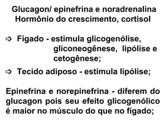 Glucagon/ epinefrina e noradrenalina  Hormônio do crescimento, cortisol    Fígado - estimula glicogenólise, gliconeogênese,  lipólise e  cetogênese;     Tecido adiposo - estimula lipólise;  Epinefrina e norepinefrina - diferem do glucagon pois seu efeito glicogenólico é maior no músculo do que no fígado;  