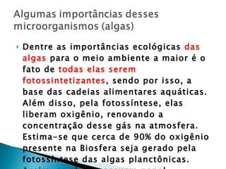Dentre as importâncias ecológicas  das algas  para o meio ambiente a maior é o fato de  todas elas serem fotossintetizantes , sendo por isso, a base das cadeias alimentares aquáticas. Além disso, pela fotossíntese, elas liberam oxigênio, renovando a concentração desse gás na atmosfera. Estima-se que cerca de 90% do oxigênio presente na Biosfera seja gerado pela fotossíntese das algas planctônicas. Assim, as algas possuem papel fundamental na manutenção da vida no planeta, além de outras variedades  de seu uso. 