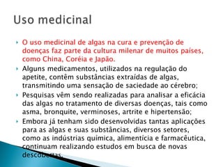 O uso medicinal de algas na cura e prevenção de doenças faz parte da cultura milenar de muitos países, como China, Coréia e Japão. Alguns medicamentos, utilizados na regulação do apetite, contêm substâncias extraídas de algas, transmitindo uma sensação de saciedade ao cérebro; Pesquisas vêm sendo realizadas para analisar a eficácia das algas no tratamento de diversas doenças, tais como asma, bronquite, verminoses, artrite e hipertensão; Embora já tenham sido desenvolvidas tantas aplicações para as algas e suas substâncias, diversos setores, como as indústrias química, alimentícia e farmacêutica, continuam realizando estudos em busca de novas descober tas.  
