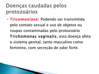 Tricomoníase :  Podendo ser transmitida pelo contato sexual e uso de objetos ou roupas contaminadas pelo protozoário  Trichomonas vaginalis , esta doença afeta o sistema genital, tanto masculino como feminino, com secreção de odor forte. 