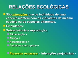 RELAÇÕES ECOLÓGICAS
 São interações que os indivíduos de uma
  espécie mantém com os indivíduos da mesma
  espécie ou de espécies diferentes.
 Finalidades:
 Sobrevivência e reprodução:
   Alimentação +
   Abrigo +
   Acasalamento +
   Cuidados com a prole +


   Recursos escassos = interações prejudiciais -
 