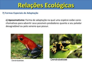 Relações Ecológicas
7) Formas Especiais de Adaptação

   c) Aposematismo: Forma de adaptação na qual uma espécie exibe cores
   chamativas para advertir seus possíveis predadores quanto a seu paladar
   desagradável ou pelo veneno que possui.
 