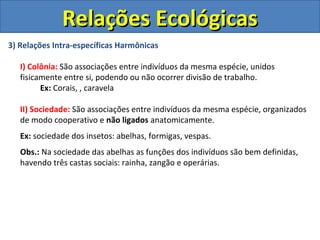 3) Relações Intra-específicas Harmônicas
I) Colônia: São associações entre indivíduos da mesma espécie, unidos
fisicamente entre si, podendo ou não ocorrer divisão de trabalho.
Ex: Corais, , caravela
II) Sociedade: São associações entre indivíduos da mesma espécie, organizados
de modo cooperativo e não ligados anatomicamente.
Ex: sociedade dos insetos: abelhas, formigas, vespas.
Obs.: Na sociedade das abelhas as funções dos indivíduos são bem definidas,
havendo três castas sociais: rainha, zangão e operárias.
Relações EcológicasRelações Ecológicas
 