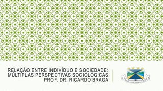 RELAÇÃO ENTRE INDIVÍDUO E SOCIEDADE:
MÚLTIPLAS PERSPECTIVAS SOCIOLÓGICAS
PROF. DR. RICARDO BRAGA
 