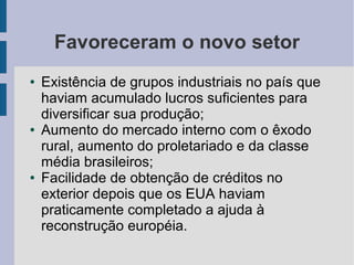 Favoreceram o novo setor
● Existência de grupos industriais no país que
haviam acumulado lucros suficientes para
diversificar sua produção;
● Aumento do mercado interno com o êxodo
rural, aumento do proletariado e da classe
média brasileiros;
● Facilidade de obtenção de créditos no
exterior depois que os EUA haviam
praticamente completado a ajuda à
reconstrução européia.
 