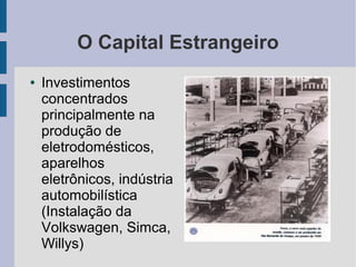 O Capital Estrangeiro
● Investimentos
concentrados
principalmente na
produção de
eletrodomésticos,
aparelhos
eletrônicos, indústria
automobilística
(Instalação da
Volkswagen, Simca,
Willys)
 