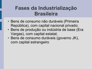 Fases da Industrialização
Brasileira
● Bens de consumo não duráveis (Primeira
República), com capital nacional privado;
● Bens de produção ou indústria de base (Era
Vargas), com capital estatal;
● Bens de consumo duráveis (governo JK),
com capital estrangeiro
 