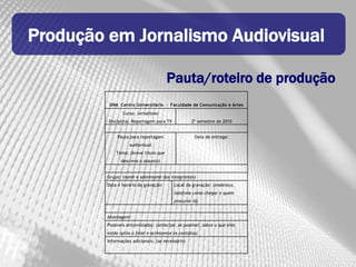 Produção em Jornalismo Audiovisual

                                       Pauta/roteiro de produção
          UNA Centro Universitário - Faculdade de Comunicação e Artes
                Curso: Jornalismo
         Disciplina: Reportagem para TV            2º semestre de 2010


              Pauta para reportagem                  Data de entrega:
                    audiovisual
             Tema: (breve título que
               descreva o assunto)


         Grupo: (nome e sobrenome dos integrantes)
         Data e horário da gravação:       Local da gravação: (endereço,
                                           telefone como chegar e quem
                                           procurar lá)


         Abordagem:
         Possíveis entrevistados: (antecipe, se possível, sobre o que eles
         estão aptos a falar e acrescente os contatos)
         Informações adicionais: (se necessário)
 