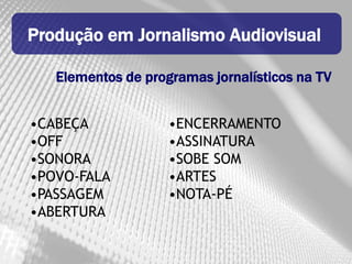 Produção em Jornalismo Audiovisual

   Elementos de programas jornalísticos na TV


•CABEÇA             •ENCERRAMENTO
•OFF                •ASSINATURA
•SONORA             •SOBE SOM
•POVO-FALA          •ARTES
•PASSAGEM           •NOTA-PÉ
•ABERTURA
 
