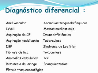 Diagnóstico diferencial :
Anel vascular              Anomalias traqueobrônquicas
IVAS                       Massas mediastinais
Aspiração de CE         Imunodeficiências
Aspiração recidivante   Tuberculose
DBP                     Síndrome de Loeffler
Fibrose cística         Toxocaríase
Anomalias vasculares       ICC
Discinesia da laringe      Bronquiectasias
Fístula traqueoesofágica
 