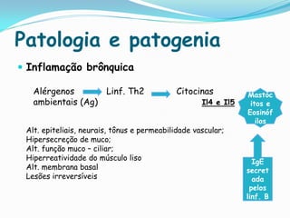 Patologia e patogenia
 Inflamação brônquica

   Alérgenos       Linf. Th2                 Citocinas          Mastóc
   ambientais (Ag)                                  Il4 e Il5    itos e
                                                                Eosinóf
                                                                   ilos
 Alt. epiteliais, neurais, tônus e permeabilidade vascular;
 Hipersecreção de muco;
 Alt. função muco – ciliar;
 Hiperreatividade do músculo liso                                 IgE
 Alt. membrana basal                                            secret
 Lesões irreversíveis                                             ada
                                                                 pelos
                                                                linf. B
 
