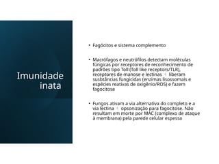 Imunidade
inata
• Fagócitos e sistema complemento
• Macrófagos e neutrófilos detectam moléculas
fúngicas por receptores de reconhecimento de
padrões tipo Toll (Toll like receptors/TLR),
receptores de manose e lectinas  liberam
susbtâncias fungicidas (enzimas lisossomais e
espécies reativas de oxigênio/ROS) e fazem
fagocitose
• Fungos ativam a via alternativa do completo e a
via lectina  opsonização para fagocitose. Não
resultam em morte por MAC (complexo de ataque
à membrana) pela parede celular espessa
 