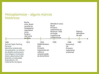 Histoplasmose – alguns marcos
históricos
1905
Samuel Taylor Darling,
Panamá
Identifica corpúsculos
intracelulares, no interior
de alvéolos pulmonares,
macrófagos e histiócitos
(histo), plasmodium-like
(plasma), encapsulado
(capsulatum), em
material de necrópsia
Rocha
Lima, Brasil
caracteriza
Histoplasma
capsulatum
como
fungo e
não como
parasita.
1933
DeMonbreaun,
EUA
Primeiro
isolamento em
cultivo e
caracterização
do dimorfismo
Almeida e Lacaz,
Brasil
Primeiro
isolamento no
Brasil em 1939
em lesão
sugestiva de
cromomicose
Emmons,E
UA
Primeiro
isolamento
ambiental
Doença
definidora
de aids
1912 1948
1939 1987
 
