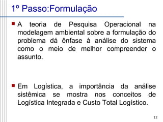 1º Passo:Formulação


A teoria de Pesquisa Operacional na
modelagem ambiental sobre a formulação do
problema dá ênfase à análise do sistema
como o meio de melhor compreender o
assunto.



Em Logística, a importância da análise
sistêmica se mostra nos conceitos de
Logística Integrada e Custo Total Logístico.
12

 