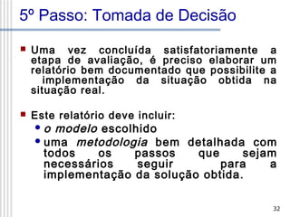 5º Passo: Tomada de Decisão


Uma vez concluída satisfatoriamente a
etapa de avaliação, é preciso elaborar um
relatório bem documentado que possibilite a
implementação da situação obtida na
situação real.



Este relatório deve incluir:
o

modelo escolhido
 uma metodologia bem detalhada com
todos
os
passos
que
sejam
necessários
seguir
para
a
implementação da solução obtida.
32

 