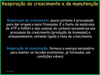Respiração de crescimento e de manutenção
Respiração de crescimento: pouco carbono é processado
para dar origem a mais fitomassa. É a fonte de moléculas
de ATP e NADH e das cadeias de carbono necessárias aos
processos de crescimento (produção de biomassa) e
armazenamento, estando ligada a taxa de crescimento.
Respiração de manutenção: fornece a energia necessária
para manter os tecidos existentes, já formados, em
condições viáveis.
23/7/2013
 