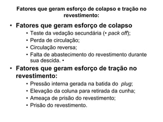 Fatores que geram esforço de colapso e tração no
                   revestimento:
• Fatores que geram esforço de colapso
     •   Teste da vedação secundária (• pack off);
     •   Perda de circulação;
     •   Circulação reversa;
     •   Falta de abastecimento do revestimento durante
         sua descida. •
• Fatores que geram esforço de tração no
  revestimento:
     •   Pressão interna gerada na batida do plug;
     •   Elevação da coluna para retirada da cunha;
     •   Ameaça de prisão do revestimento;
     •   Prisão do revestimento.
 