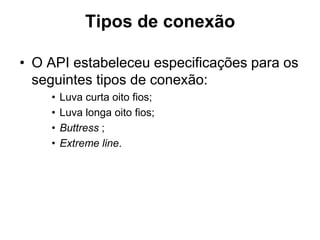 Tipos de conexão

• O API estabeleceu especificações para os
  seguintes tipos de conexão:
    •   Luva curta oito fios;
    •   Luva longa oito fios;
    •   Buttress ;
    •   Extreme line.
 