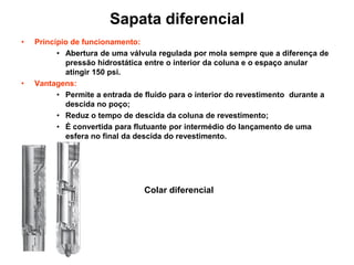 Sapata diferencial
•   Princípio de funcionamento:
          • Abertura de uma válvula regulada por mola sempre que a diferença de
            pressão hidrostática entre o interior da coluna e o espaço anular
            atingir 150 psi.
•   Vantagens:
          • Permite a entrada de fluido para o interior do revestimento durante a
            descida no poço;
          • Reduz o tempo de descida da coluna de revestimento;
          • É convertida para flutuante por intermédio do lançamento de uma
            esfera no final da descida do revestimento.




                                Colar diferencial
 