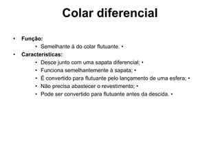 Colar diferencial
•   Função:
         • Semelhante à do colar flutuante. •
•   Características:
         • Desce junto com uma sapata diferencial; •
         • Funciona semelhantemente à sapata; •
         • É convertido para flutuante pelo lançamento de uma esfera; •
         • Não precisa abastecer o revestimento; •
         • Pode ser convertido para flutuante antes da descida. •
 