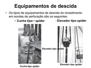 Equipamentos de descida
• Os tipos de equipamentos de descida do revestimento
  em sondas de perfuração são os seguintes:
      • Cunha tipo • spider       • Elevador tipo spider




                              Elevador tipo spider




                                              Elevador tipo spider
          Cunha tipo spider
 