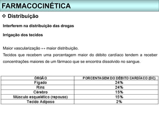 Interferem na distribuição das drogas
Irrigação dos tecidos
Maior vascularização ↔ maior distribuição.
Tecidos que recebem uma porcentagem maior do débito cardíaco tendem a receber
concentrações maiores de um fármaco que se encontra dissolvido no sangue.
FARMACOCINÉTICA
 Distribuição
 