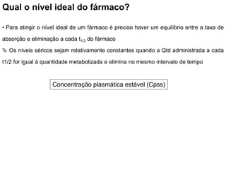 Qual o nível ideal do fármaco?
• Para atingir o nível ideal de um fármaco é preciso haver um equilíbrio entre a taxa de
absorção e eliminação a cada t1/2 do fármaco
 Os níveis séricos sejam relativamente constantes quando a Qtd administrada a cada
t1/2 for igual à quantidade metabolizada e elimina no mesmo intervalo de tempo
Concentração plasmática estável (Cpss)
 