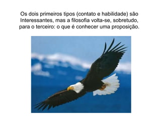 Os dois primeiros tipos (contato e habilidade) sãoInteressantes, mas a filosofia volta-se, sobretudo,para o terceiro: o que é conhecer uma proposição.