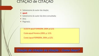 CITAÇÃO de CITAÇÃO
 Sobrenome do autor da citação;
 apud;
 Sobrenome do autor da obra consultada;
 Ano;
 Página(s).
(COSTA apud FERREIRA, 2004, p.123).
Costa apud Ferreira (2004, p. 123).
Costa (apud FERREIRA, 2004, p.123).
Citação de citação de citação : Como fazer?
 