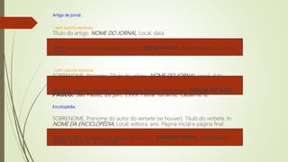 Artigo de jornal:
- sem autoria expressa:
Título do artigo. NOME DO JORNAL, Local, data.
TAIM será reserva modelo no país. ZERO HORA, Porto Alegre, 27 mar.
1993.
- com autoria expressa:
SOBRENOME, Prenome. Título do artigo. NOME DO JORNAL, Local, data.
NAVES, Paulo. Lagoas andinas dão banho de beleza. FOLHA DE SÃO
PAULO. São Paulo, 28 jun. 1999. Folha Turismo. Caderno 8.
Enciclopédia:
SOBRENOME, Prenome do autor do verbete (se houver). Título do verbete. In:
NOME DA ENCICLOPÉDIA. Local: editora, ano. Página inicial e página final.
MONTEIRO, Abigail. Os Seres Vivos. In: MUNDO NOVO. São Paulo:
Ritter, 1975. v. 4, 123-35.
 