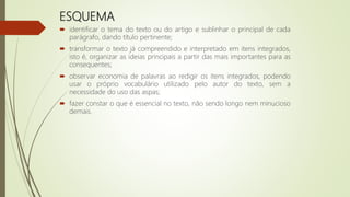 ESQUEMA
 identificar o tema do texto ou do artigo e sublinhar o principal de cada
parágrafo, dando título pertinente;
 transformar o texto já compreendido e interpretado em itens integrados,
isto é, organizar as ideias principais a partir das mais importantes para as
consequentes;
 observar economia de palavras ao redigir os itens integrados, podendo
usar o próprio vocabulário utilizado pelo autor do texto, sem a
necessidade do uso das aspas;
 fazer constar o que é essencial no texto, não sendo longo nem minucioso
demais.
 