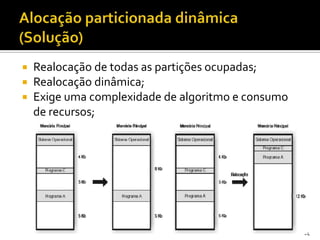    Realocação de todas as partições ocupadas;
   Realocação dinâmica;
   Exige uma complexidade de algoritmo e consumo
    de recursos;




                                                    24
 