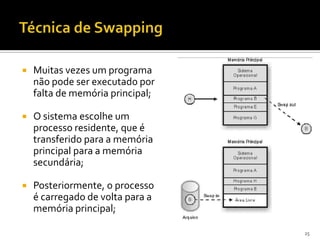    Muitas vezes um programa
    não pode ser executado por
    falta de memória principal;

   O sistema escolhe um
    processo residente, que é
    transferido para a memória
    principal para a memória
    secundária;

   Posteriormente, o processo
    é carregado de volta para a
    memória principal;

                                  25
 