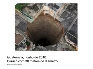 Guatemala, junho de 2010.
Buraco com 30 metros de diâmetro.
Fonte: www.cienciahoje.pt
 