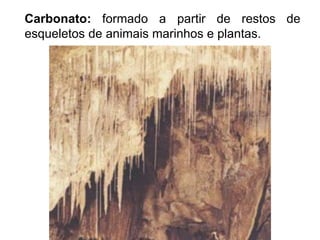 Carbonato: formado a partir de restos de
esqueletos de animais marinhos e plantas.
 