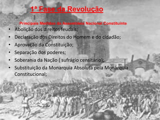 1ª Fase da Revolução
      Principais Medidas da Assembleia Nacional Constituinte
•   Abolição dos direitos feudais;
•   Declaração dos Direitos do Homem e do cidadão;
•   Aprovação da Constituição;
•   Separação dos poderes;
•   Soberania da Nação ( sufrágio censitário);
•   Substituição da Monarquia Absoluta pela Monarquia
    Constitucional;
 