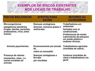 EXEMPLOS DE RISCOS EXISTENTES
NOS LOCAIS DE TRABALHO
RISCOS BIOLÓGICOS
Microorganismos
patogênicos (bactérias,
fungos, bacilos, parasitas,
protozoários, vírus, entre
outros)

Animais peçonhentos

Presença de vetores
(mosquitos, ratos...) e
outras mordidas de
animais

EFEITOS PARA
SAÚDE

SETORES OU
CATEGORIAS

Doenças contagiosas
diversas, inclusive gripes e
resfria-dos;

Trabalhadores em
ambientes
fechados com ar
condicionado;
Profissionais de saúde;
Laboratórios de pesquisa
em saúde pública e
análises clínicas;

Envenenamento por picada
de
cobra ou escorpião

Trabalhadores agrícolas
(mordidas de cobra);

Doenças contagiosas e
feri-das
por mordidas

Carteiros (mordidas de
cães) e trabalhadores em
geral

 
