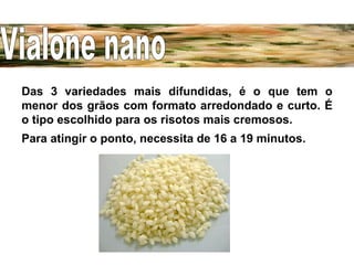 Das 3 variedades mais difundidas, é o que tem o menor dos grãos com formato arredondado e curto. É o tipo escolhido para os risotos mais cremosos. Para atingir o ponto, necessita de 16 a 19 minutos. Vialone nano 