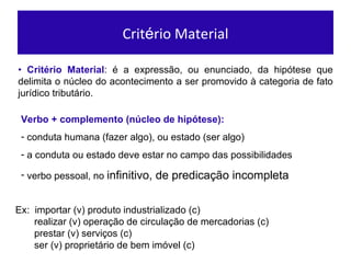 Crit é rio Material Verbo + complemento (n úcleo de hipótese) : conduta humana (fazer algo), ou estado (ser algo) a conduta ou estado deve estar no campo das possibilidades verbo pessoal, no  infinitivo, de predicaç ão incompleta   •  Crit ério Material : é a expressão, ou enunciado, da hipótese que delimita o núcleo do acontecimento a ser promovido à categoria de fato jurídico tributário. Ex:  importar (v) produto industrializado (c) realizar (v) operaç ão de circulação de mercadorias (c) prestar (v) serviços (c) ser (v) propriet ário de bem imóvel (c) 