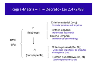 Regra-Matriz –  II – Decreto- Lei 2.472/88  RMIT (IR ) H (hipót ese) C (conseqüente) Critér io material (v+c) Critér io espacial Critér io temporal Crité rio pessoal (Sa, Sp) Crité rio quantitativo (bc, al) Importar produtos estrangeiros repartições aduaneiras momento do desembaraço União (sa); importador de produtos estrangeiros (sp);  valor do produto(bc); (al) 
