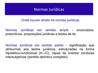 Normas Jur í dicas Onde houver direito há normas jurídicas Normas Jur ídicas em sentido amplo  -  enunciados prescritivos, proposiç ões jurídicas e  textos de lei. Normas Jur ídicas em sentido estrito  -  significação que atribuímos aos textos jur ídicos , estruturadas na forma hipot ético-condicional (H  C),  capaz de orientar condutas intersubjetivas (sentido de ôntico completo). 