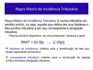 Regra Matriz de Incid ência Tributária H  (hipótese de incidência) :   critérios para a identificação de fato que revele capacidade contributiva RMIT = [H (fjt)  C (Rjt)] C  (conseq ü ente tributário) :   critérios para a construção da relação jurídica tributária (obrigação tributária) Regra-Matriz de Incidência Tributária:  é norma tributária em sentido estrito, ou seja, aquela que define em sua hipótese o fato jurídico tributário e em seu conseqüente a obrigação tributária.  Norma primária dispositiva / de comportamento / abstrata e geral 