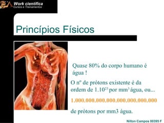 O nº de prótons existente é da ordem de 1.10 23  por mm 3  água, ou... 1.000.000.000.000.000.000.000.000 de prótons por mm3 água. Quase 80% do corpo humano é água !  Princípios Físicos  