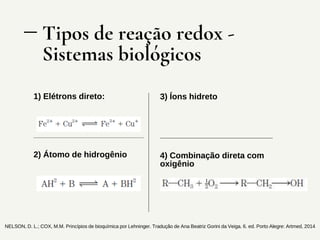 Tipos de reação redox -
Sistemas biológicos
3) Íons hidreto
4) Combinação direta com
oxigênio
1) Elétrons direto:
2) Átomo...
