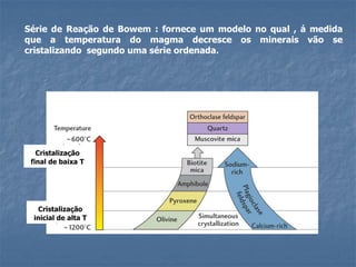Série de Reação de Bowem : fornece um modelo no qual , á medida
que a temperatura do magma decresce os minerais vão se
cristalizando segundo uma série ordenada.
Cristalização
final de baixa T
Cristalização
inicial de alta T
 