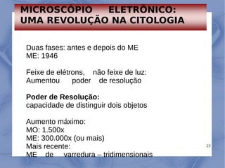 23
Duas fases: antes e depois do ME
ME: 1946
Feixe de elétrons, não feixe de luz:
Aumentou poder de resolução
Poder de Resolução:
capacidade de distinguir dois objetos
Aumento máximo:
MO: 1.500x
ME: 300.000x (ou mais)
Mais recente:
ME de varredura – tridimensionais
MICROSCÓPIO ELETRÔNICO:
UMA REVOLUÇÃO NA CITOLOGIA
 