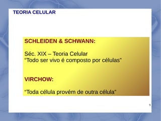 9
SCHLEIDEN & SCHWANN:
Séc. XIX – Teoria Celular
“Todo ser vivo é composto por células”
VIRCHOW:
“Toda célula provém de outra célula”
TEORIA CELULAR
 