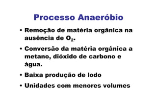 Processo Anaeróbio
• Remoção de matéria orgânica na
ausência de O2.
• Conversão da matéria orgânica a
metano, dióxido de carbono e
água.
• Baixa produção de lodo
• Unidades com menores volumes
 